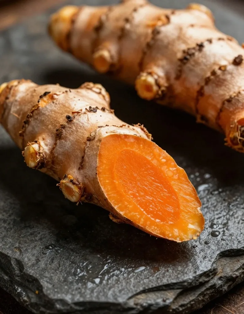 Turmeric root specimen on a dark surface