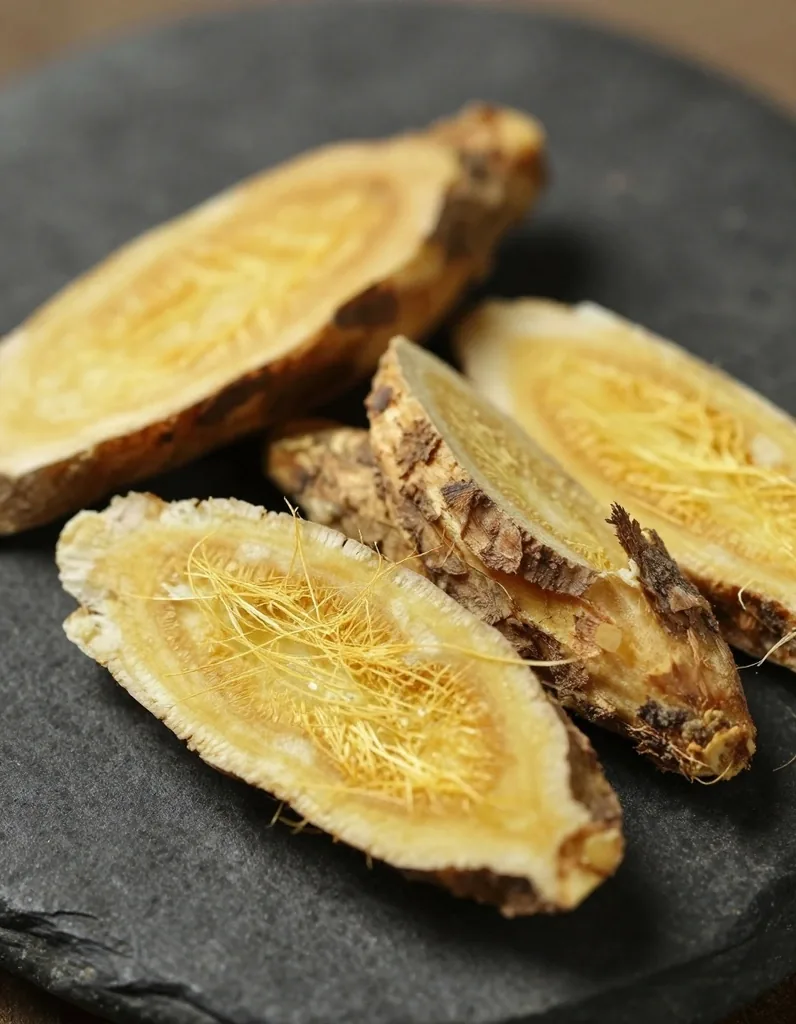 Akar kuning root bark specimen on a dark surface