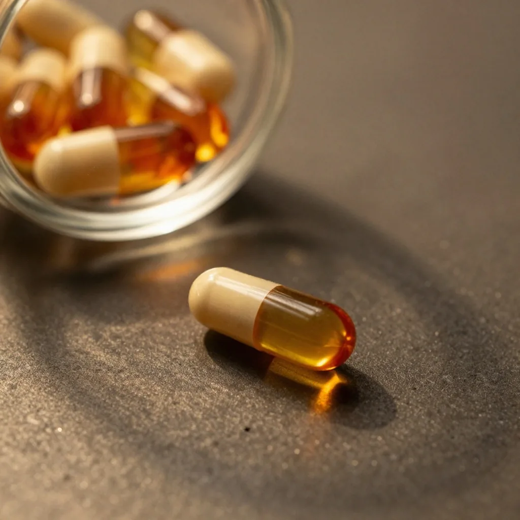 Daily multivitamin capsules in a glass dish