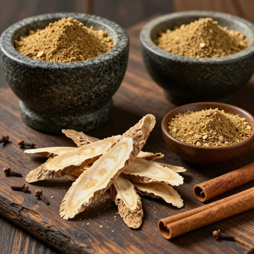 Herbal blend extracts in wooden bowls