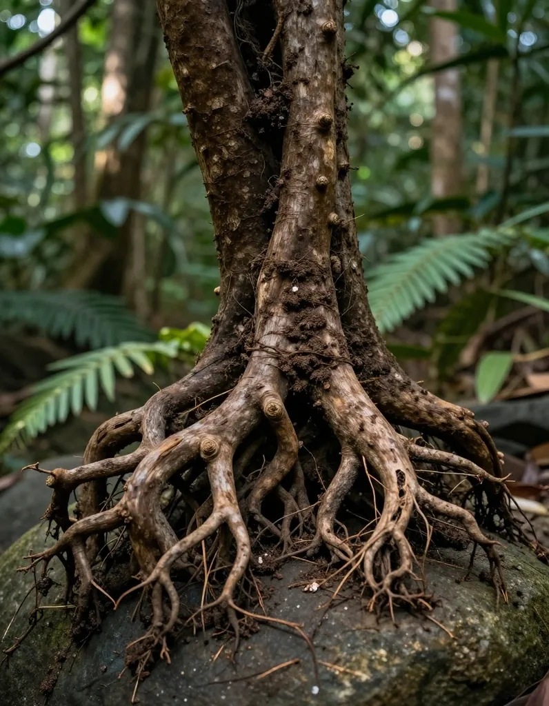 Pasak bumi root specimen on a dark surface