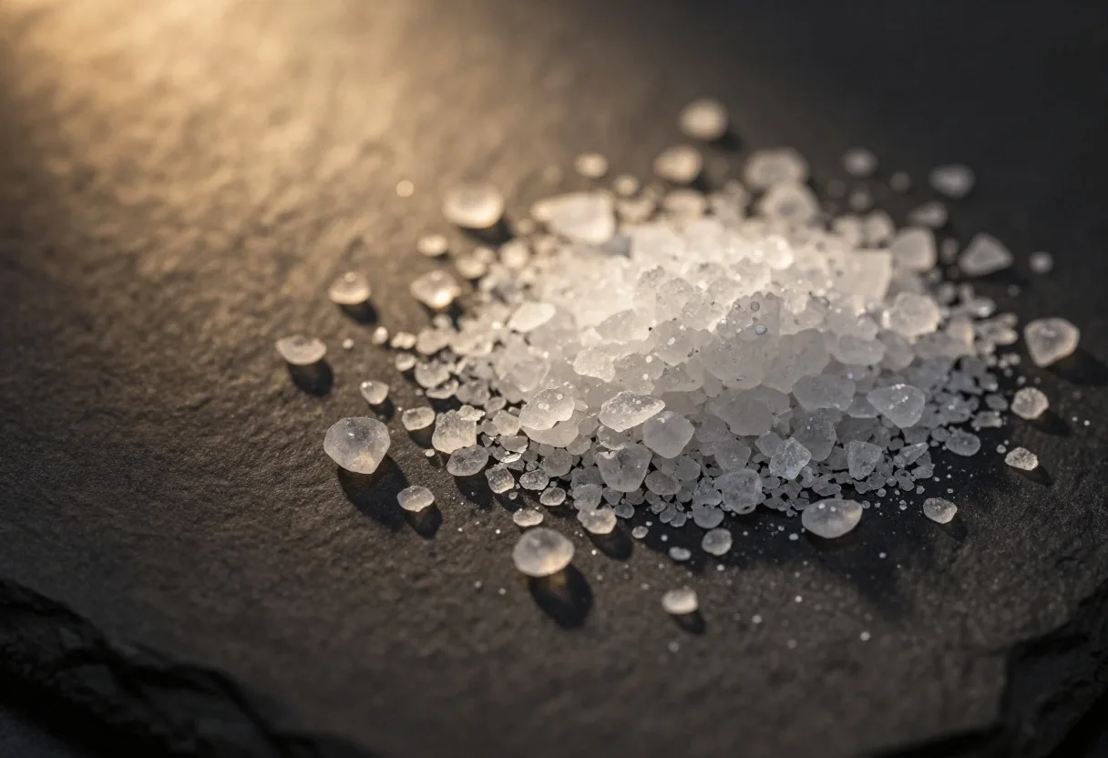 Magnesium salt crystals on a dark surface