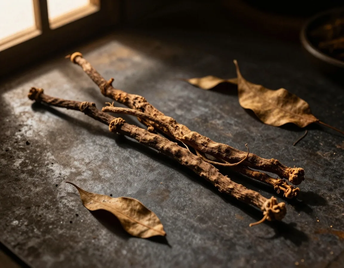 Tongkat Ali root on a dark apothecary surface
