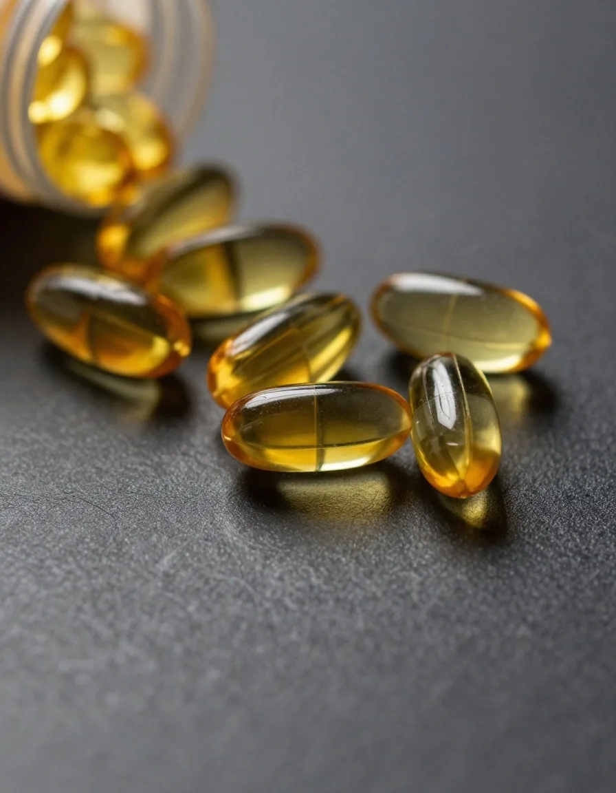 Vitamin E oil capsules on dark surface