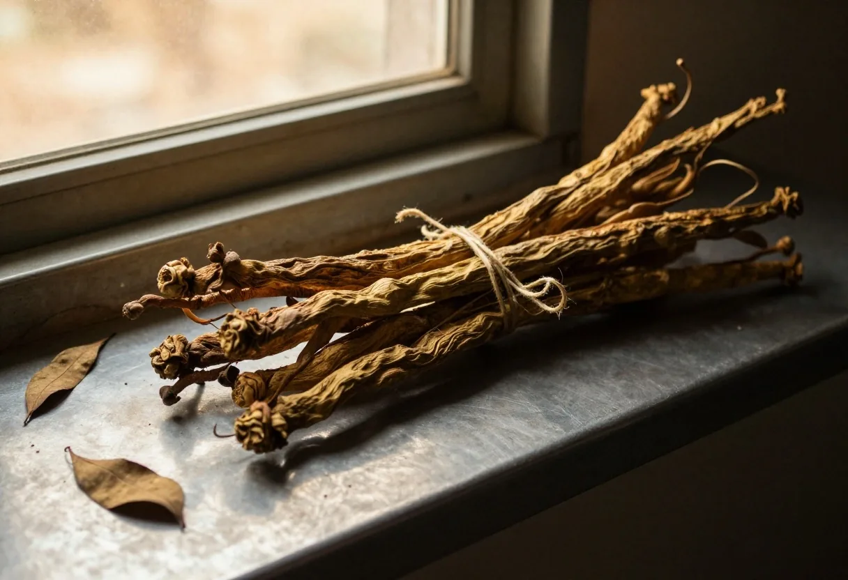 Botanical specimens on dark zinc apothecary shelf at golden hour