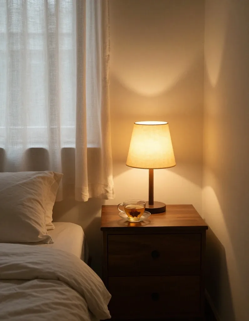Calm bedside scene with herbal tea