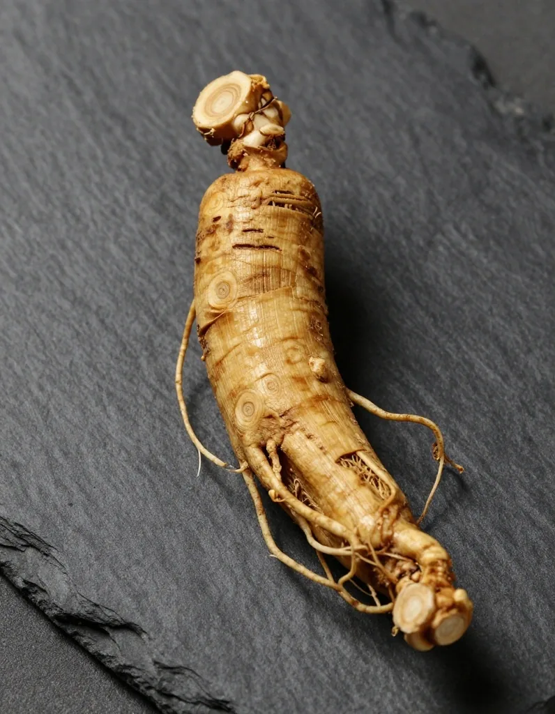 Dried ginseng root on dark surface