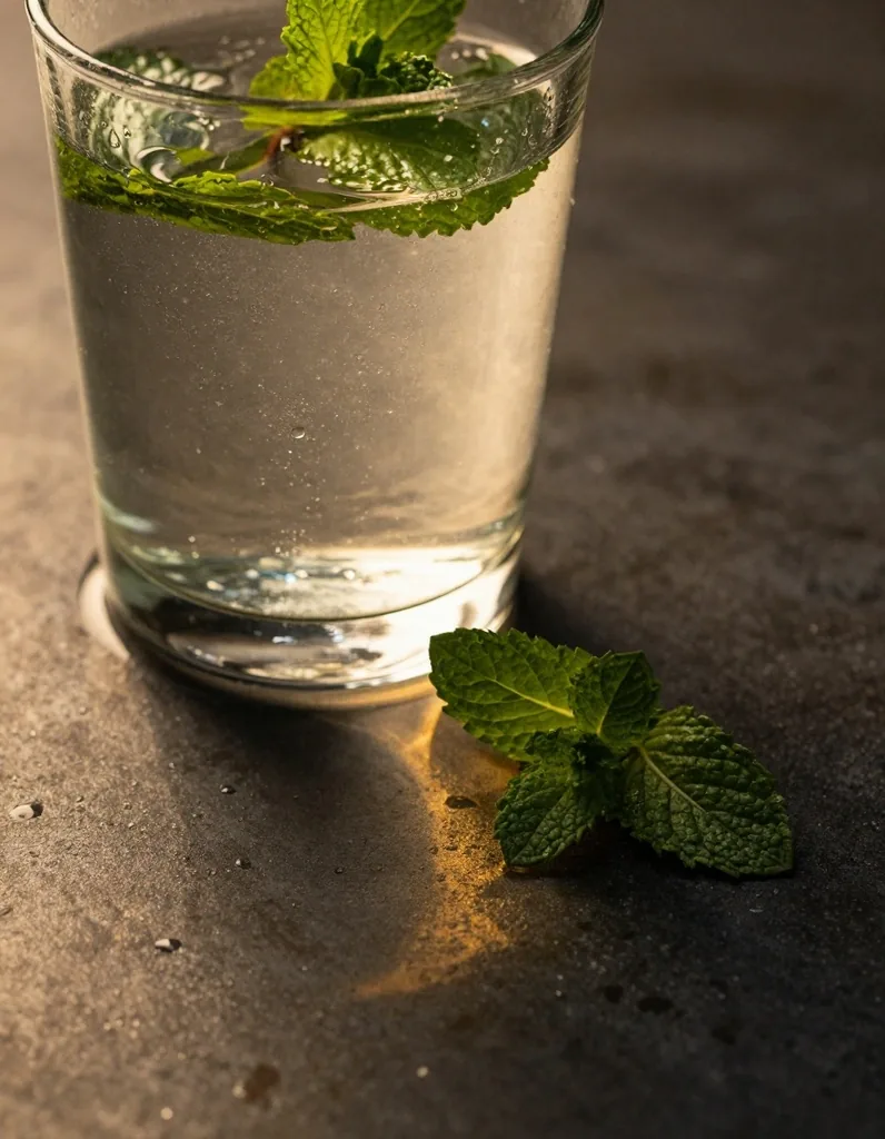 Glass of water with mint on dark surface