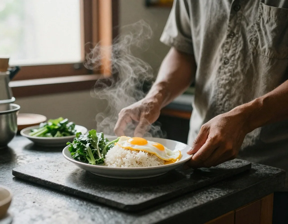 Man preparing a simple breakfast in a warm kitchen