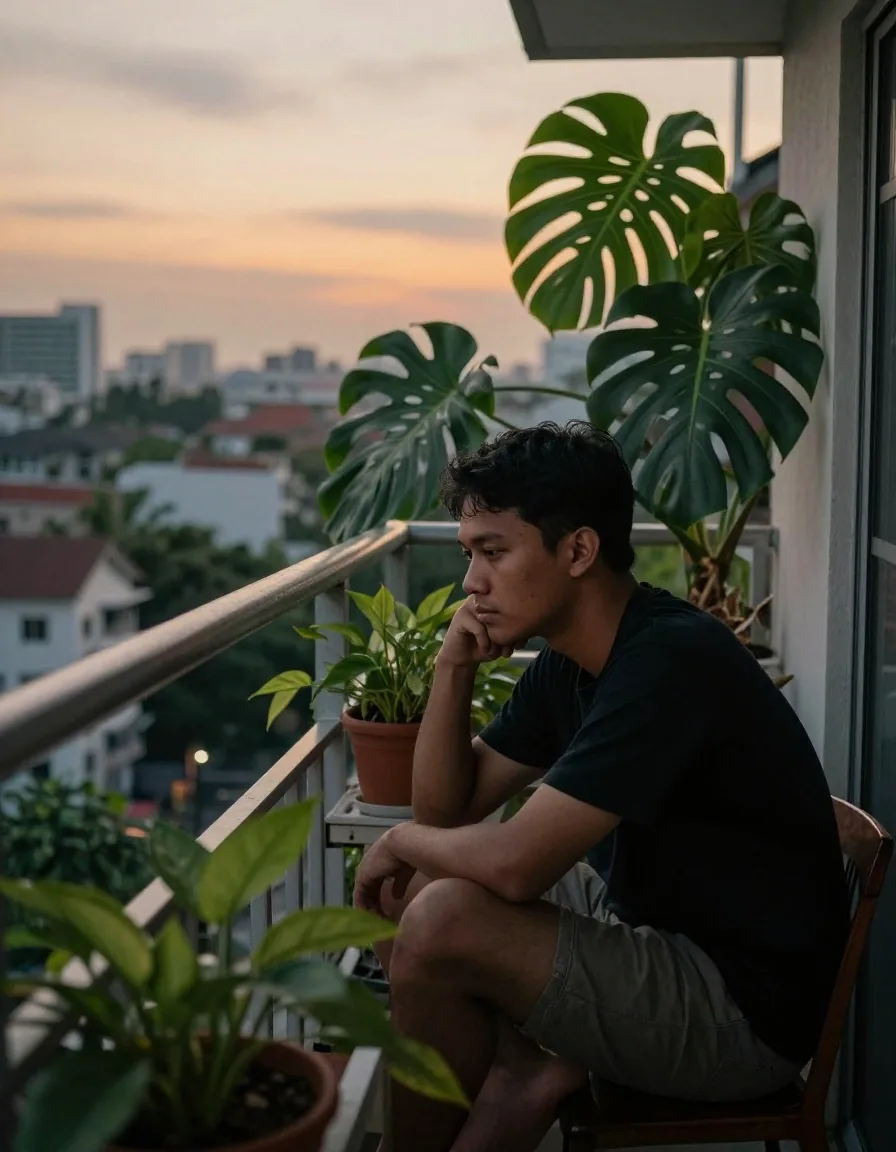Man sitting quietly on a balcony overlooking greenery
